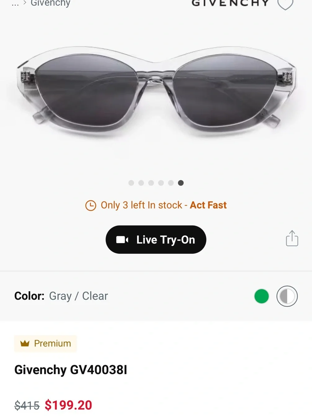 Givenchy Clear Cat Eye Sunglasses with Smoke Lenses